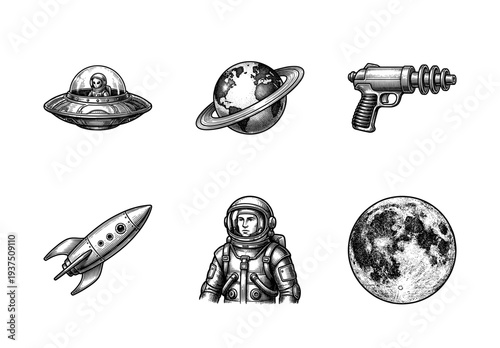 Set of retro science fiction space exploration icons in a vintage woodcut engraving style featuring astronaut alien ufo and rocket ship