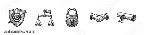 Vintage engraving style business icons collection featuring a shield with target, scales of justice, ornate padlock, handshake, and a wax sealed scroll