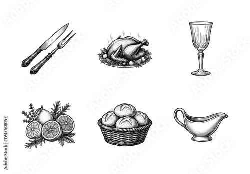 Vintage hand drawn engraving of festive dinner elements including roasted turkey, bread basket, gravy boat, and cutlery