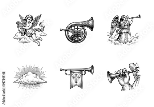 Set of vintage woodcut style illustrations featuring celestial angels, cherubs, and religious brass instruments in an ornate hand drawn engraving aesthetic