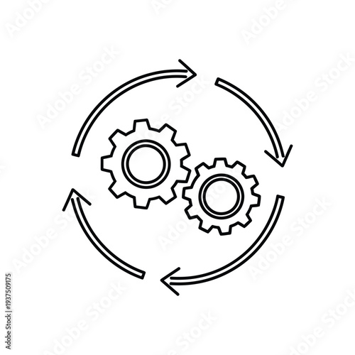 Process automation icon, vector outline illustration of gears with circular arrows, workflow optimization, production cycle, system and strategy development