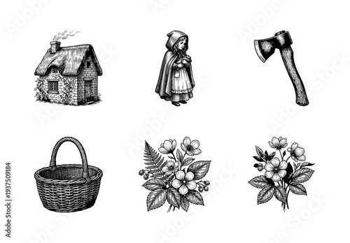 Vintage woodcut illustration collection featuring a cottage, fairy tale girl in cloak, axe, wicker basket, and botanical wildflower bouquets