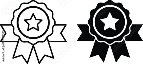 Award badge with star and ribbon icons, minimalist black silhouette and thin line art vector illustration isolated on white background