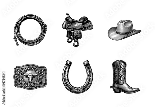 Set of vintage cowboy gear and western equipment icons featuring a lasso, saddle, hat, buckle, horseshoe, and spurred boot in a detailed woodcut engraving style.