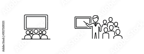 Seminar or presentation icons showing a projector screen and audience, teacher instructing group, representing education and learning
