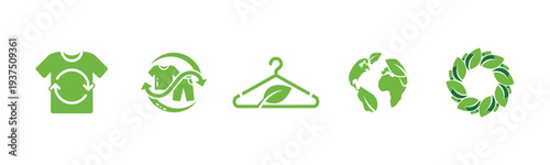 Eco friendly clothing and sustainability icons with green recycling symbols, t-shirt, hanger, and leaf motifs representing nature