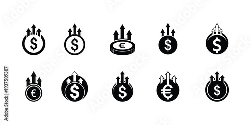 Growing finance and economy icons with dollar and euro currency symbols and rising arrow charts representing financial growth and success