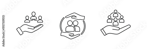 Community and team support line icons, hand holding connected people, hands surrounding group of two people, hand supporting network of interconnected individuals