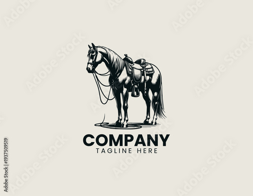 Western saddle horse standing side view monochrome line art black vector logo illustration isolated on white background