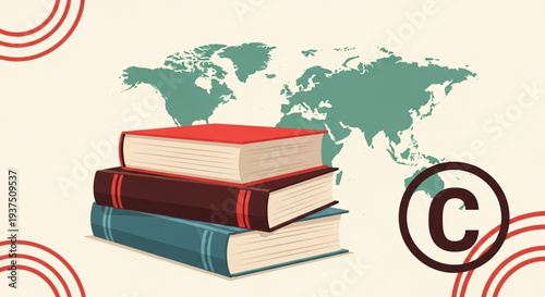 A stack of books rests in front of a world map and a copyright symbol, symbolizing knowledge and intellectual property rights