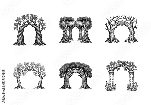 Set of six mystical nature arches and fantasy gateways featuring ancient runes, twisted tree trunks, and celestial symbols in a black and white hand drawn etching style.