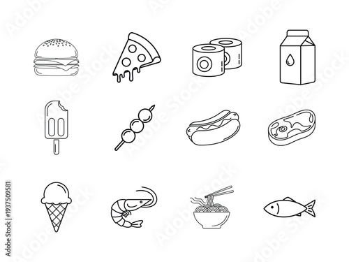Set of various fast food and meal items vector line icons, hamburger, pizza slice, sushi rolls, milk carton, popsicle, skewer, hot dog, steak, ice cream, shrimp, noodles, fish