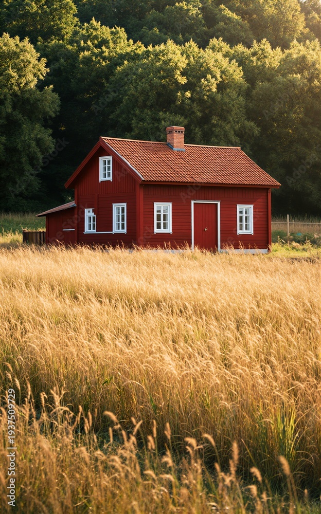 Obraz premium Red cottage nestled in golden field surrounded by lush green trees.