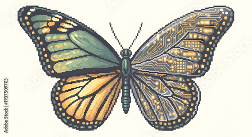 Pixel art butterfly with one natural wing and one electronic circuit wing