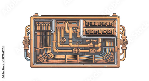 Retro steampunk control panel with copper pipes valves and wires