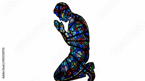 Colorful Stained Glass Silhouette of Person Kneeling in Prayer