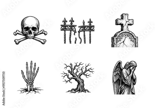 Vintage engraving style collection of gothic cemetery symbols including skull and crossbones, tombstone, withered tree, and weeping angel.