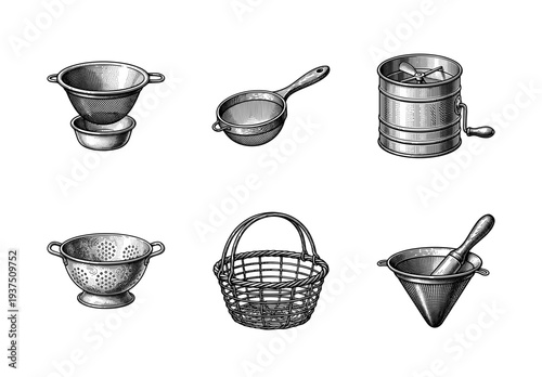 Vintage engraving of various kitchen strainers, sifters, and colanders for food preparation in a classic woodcut illustration style.