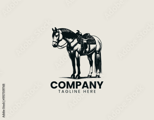 Western saddle horse standing side view monochrome line art black vector logo illustration isolated on white background