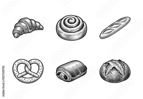 Vintage style engraving illustration of bakery products including croissant baguette pretzel and artisan bread