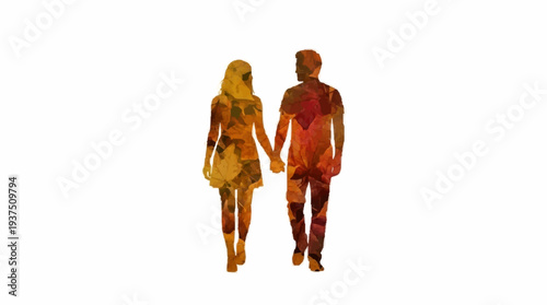 Couple Holding Hands Silhouette with Colorful Autumn Leaf Texture Background