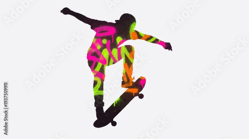 Skateboarder Silhouette Performing Trick with Neon Spray Paint Colors