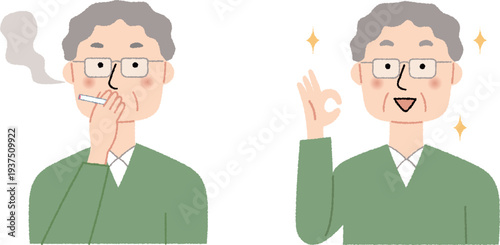 タバコを吸うシニア男性と禁煙後のシニア男性