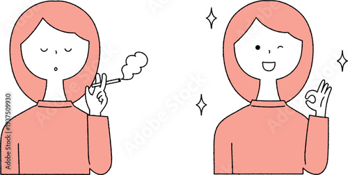 タバコを吸う女性と禁煙後の女性単色