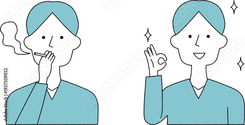 タバコを吸う男性と禁煙後の男性単色