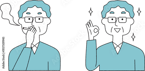 タバコを吸うシニア男性と禁煙後のシニア男性単色