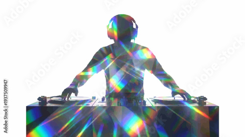DJ Silhouette with Colorful Light Refractions at Turntables - Party and Music Vibe