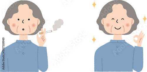 タバコを吸うシニア女性と禁煙後のシニア女性