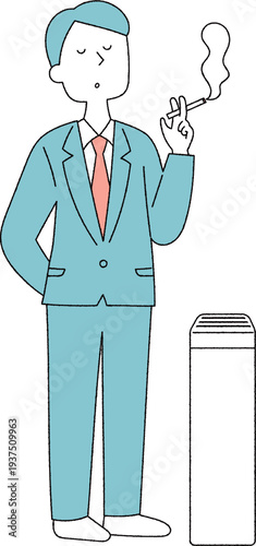 喫煙所でタバコを吸う若い男性会社員単色