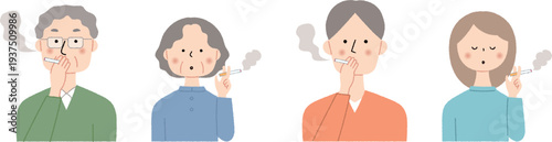 喫煙するシニアと若者の男女4人セット