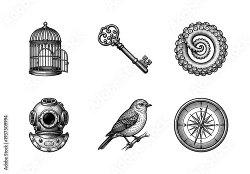 Vintage engraving collection featuring nautical and natural elements including diving helmet, compass, bird, cage, key, and octopus tentacle in woodcut style
