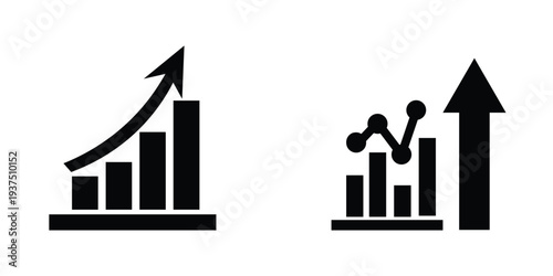 Business growth chart icon set. Analytics graph and upward arrow success symbols. Solid silhouette vector icons.