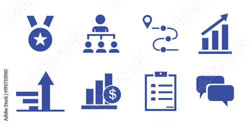 Business growth and strategy icon set. Analytics chart, hierarchy, checklist and success symbols. Blue outline vector icons.