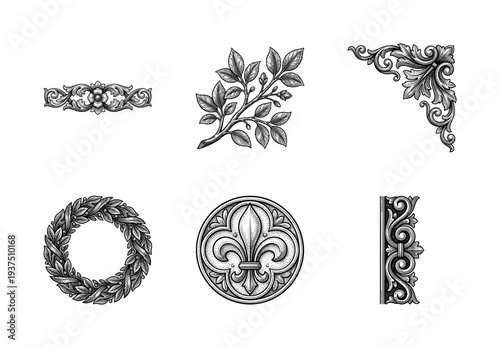 Set of vintage floral ornaments and baroque design elements in classic engraving style including laurel wreath and fleur de lis.