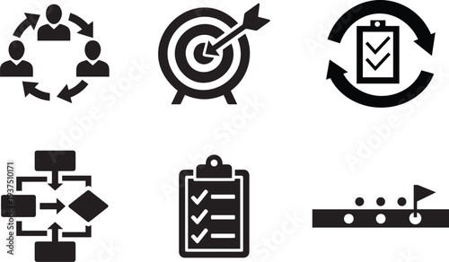 Business process and workflow icon set. Target goal, checklist, teamwork and strategy symbols. Solid vector icons.