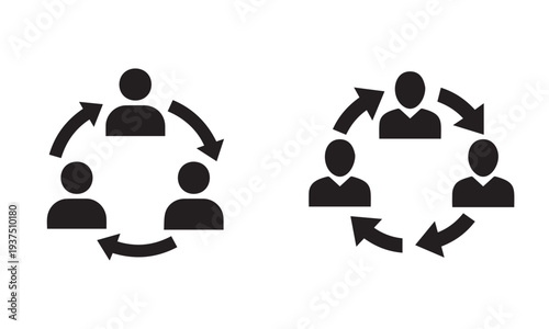 Team rotation and staff turnover icon set. Agile workflow cycle and human resources synchronization symbols. Black vector glyphs.