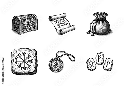 Set of Norse mythology icons featuring a carved chest, runic scroll, leather pouch, vegvisir compass, amulet, and ancient rune stones in a hand-drawn woodcut style.