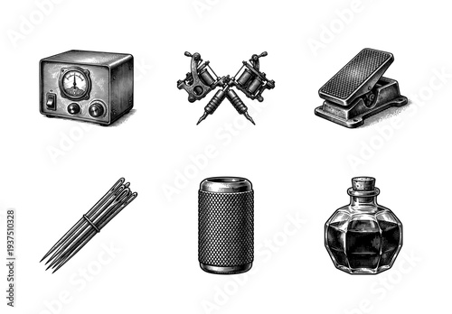 Vintage engraving style collection of tattoo equipment including machines, power supply, foot pedal, needles, grip, and ink bottle set on white background.