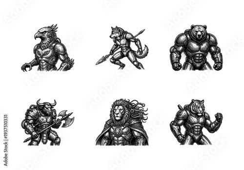 Set of six cybernetic animal warriors in detailed black and white engraving style featuring a lion eagle wolf bear bull and tiger
