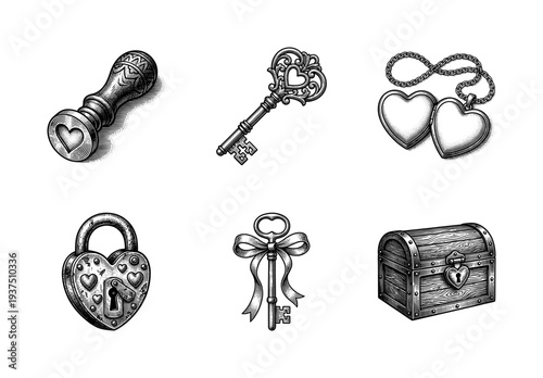 Vintage woodcut style romantic collection featuring heart wax seal stamp skeleton keys locket padlock and wooden chest