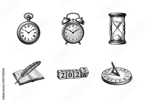 Vintage collection of timekeeping instruments and chronological symbols in a detailed woodcut engraving style