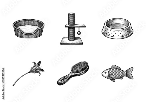 Set of hand drawn pet care accessories and cat toys in vintage engraving style including bed scratching post bowl brush and fish