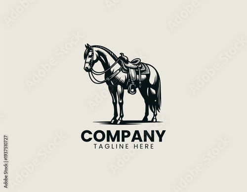 Western saddle horse standing side view monochrome line art black vector logo illustration isolated on white background