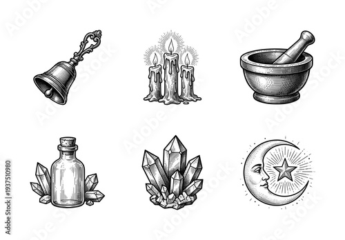 Vintage engraving collection of mystical and occult objects including bell candles mortar potion bottle crystals and celestial moon