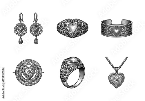 Vintage heart jewelry collection featuring ornate engraved rings, earrings, locket necklace, and bracelet cuff in a detailed woodcut etching style.