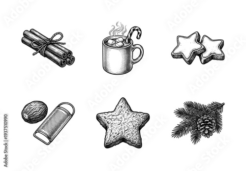 Vintage engraving style winter holiday collection featuring cinnamon sticks, hot chocolate with marshmallows, star cookies, nutmeg, and pine branch